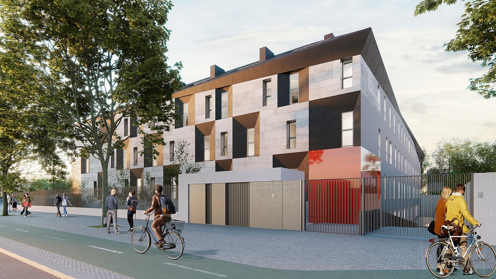 Infografía arquitectónica y render hiperrealista en 3d de casas adosadas al lado de un carril bici