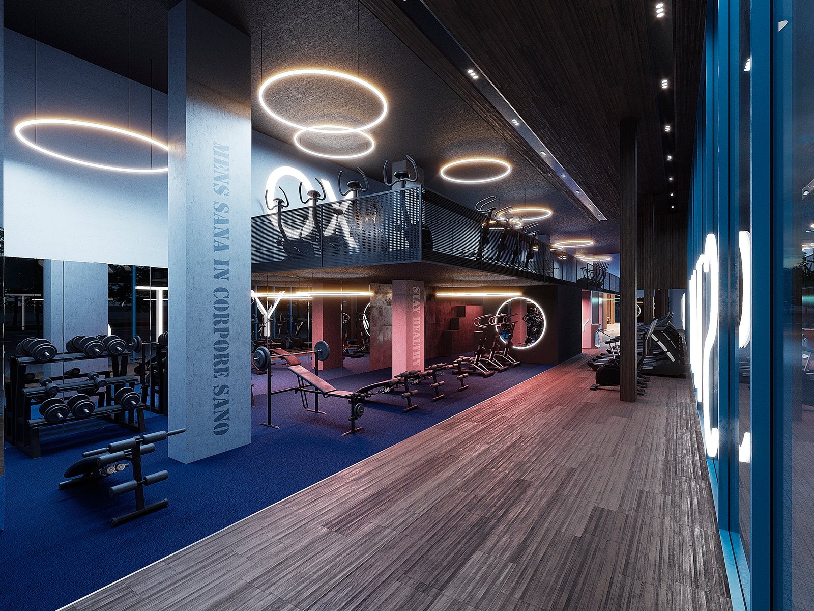 Infografía arquitectónica en 3d de gimnasio moderno