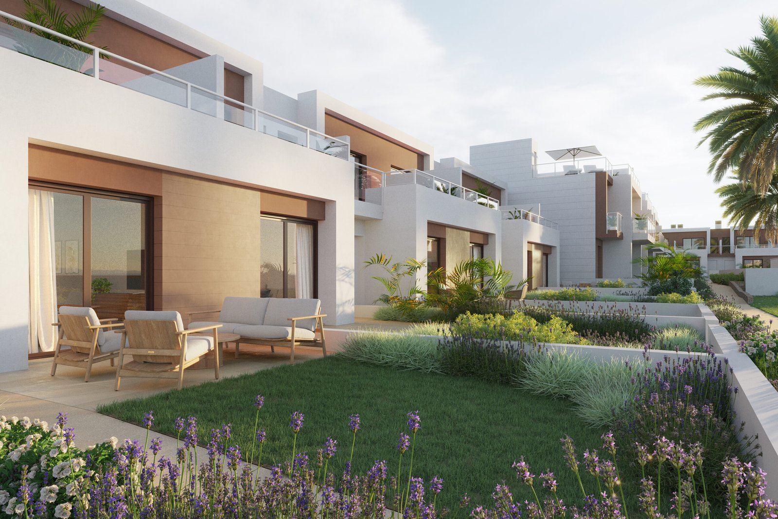 Infografía arquitectónica y render hiperrealista en 3d de casas adosadas con jardín y terraza