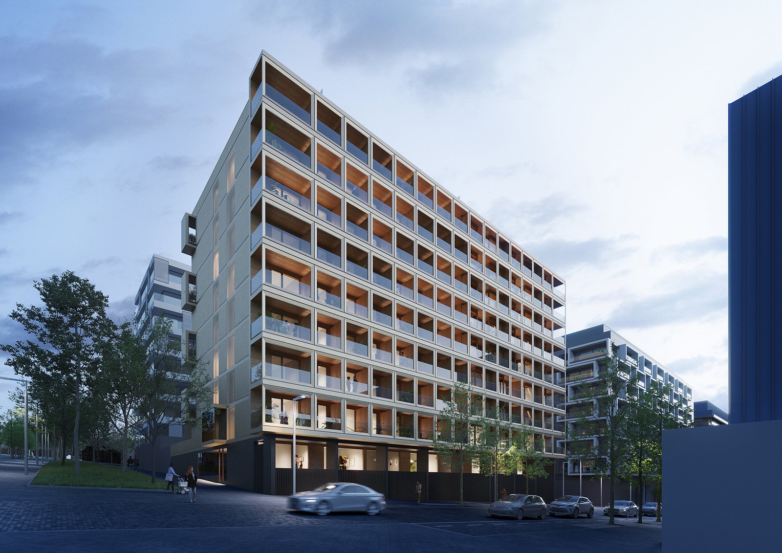 Infografía arquitectónica en 3d de gran bloque de pisos moderno en Pamplona